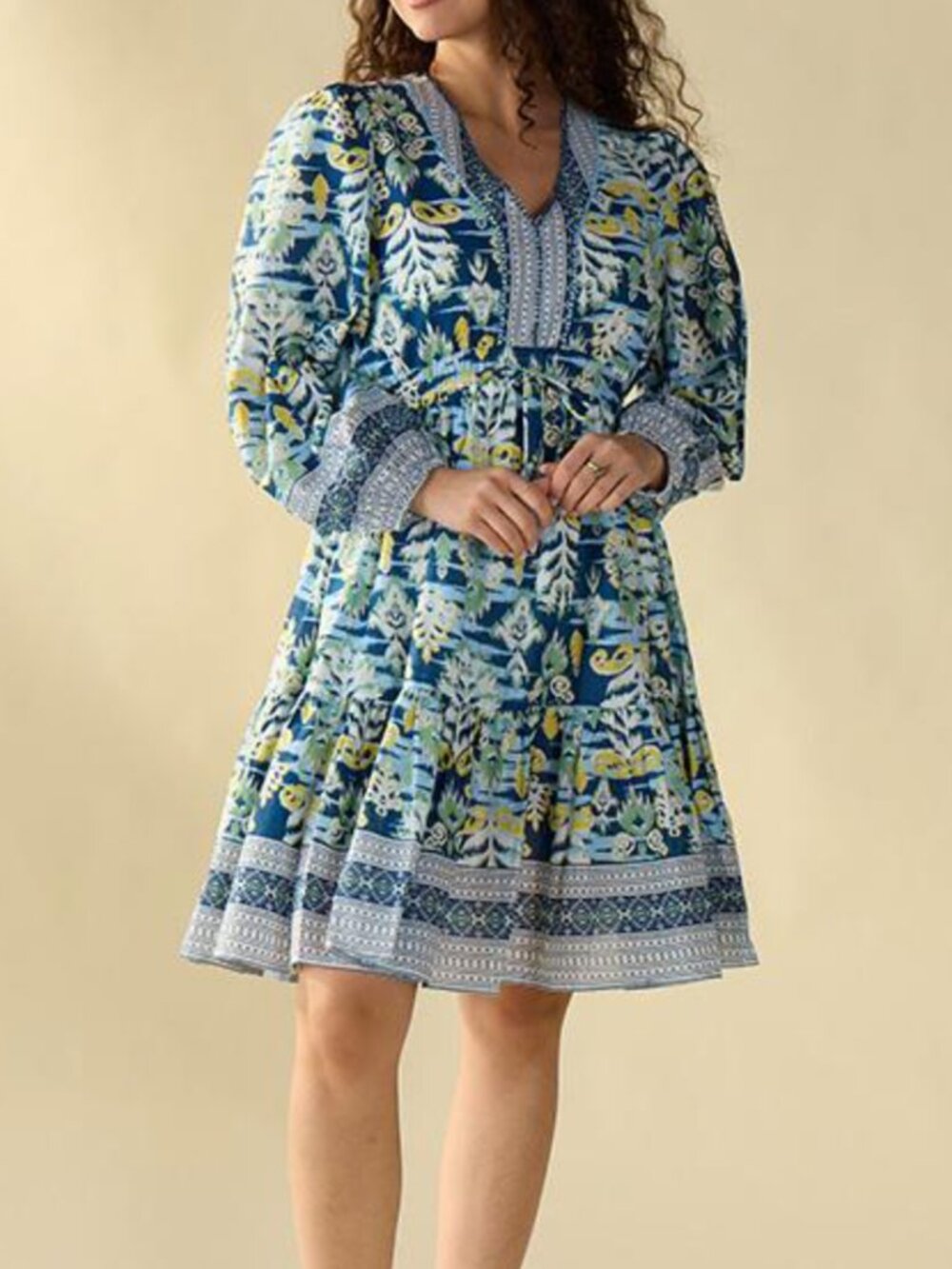 Kaktus Dress Medium Blue Yellow Print Cottagecore Southwestern Cotton Drawstring